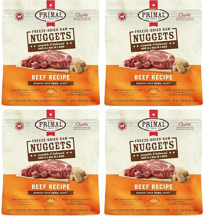 Primal Freeze Dried Dog Food Nuggets, Beef; Complete & Balanced Meal; Also Use as Topper or Treat; Premium, Healthy, Grain Free, High Protein Raw Dog Food, 14 oz (Pack of 4)