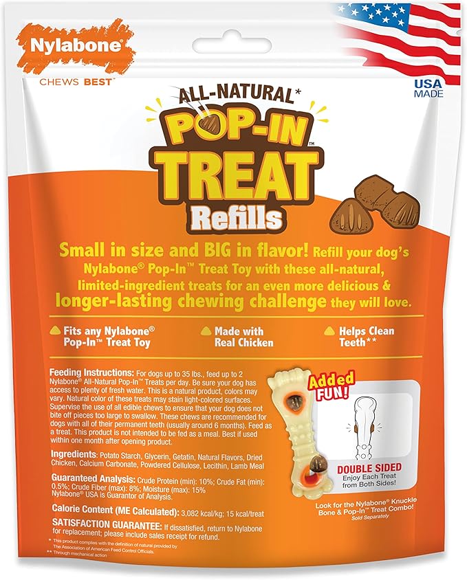 Nylabone Pop-In Treat-Toy Refill Chews, All-Natural Dog Treats for Treat Dispensing Toys, Chicken Flavor, 30 Count