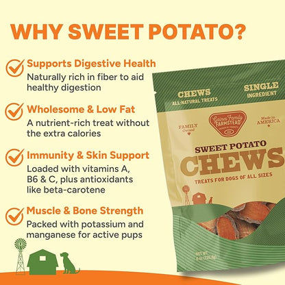 Gaines Family Farmstead Sweet Potato Chews for Dogs - 8 oz Bag, Single Ingredient, Dehydeated Sweet Potato Dog Treats, High Fiber, Grain-Free, Rawhide Alternative, Vitamin-Rich, Made in USA