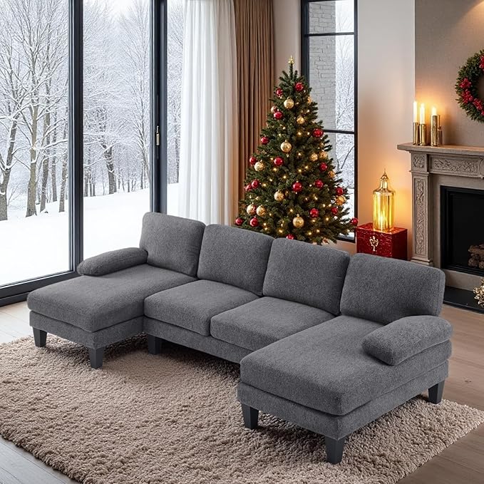 VINGLI 110' U-Shaped Sectional Couch with Two Chaise, Affordable Small Sofa with 4 Seats, Chenille Fabric Comfy Couches for Living Room, Dark Grey