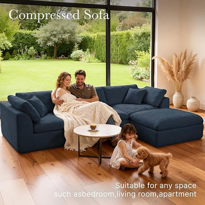 Cloud Modular Sectional Sofa Couch,110” L Sofa with Wide Armrest, Modern High-Density Sponge Compressed Sofa Couch for Living Room, Bedroom,No Assembly Needed (Blue, 3 Seats+1 Ottoman)
