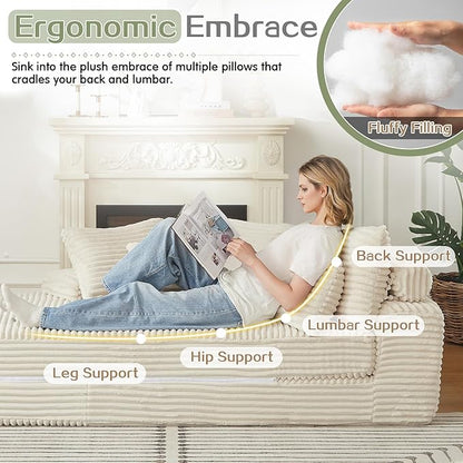 Antetek Chaise Lounge Chair Indoor, Convertible Folding Futon Sofa Bed w/ 5 Pillows, Fluffy Corduroy Boneless Compressed Memory Foam Couch for Living Room, Bedroom (Beige, Left Half)