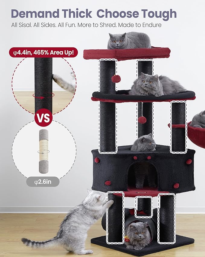Cat Tree Tower for Indoor Cats Large Adult - Heavy Duty Extra Wide Scratching Post (φ4.4in) Maine Coon Condo House with Hammock Tunnel - 60 Inch XL Feline Bed Trees - Big Multi Level Cat Houses Stand
