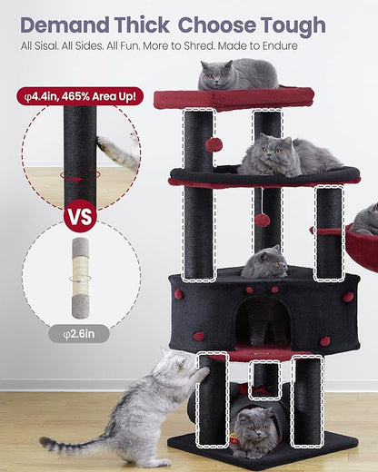 Cat Tree Tower for Indoor Cats Large Adult - Heavy Duty Extra Wide Scratching Post (φ4.4in) Maine Coon Condo House with Hammock Tunnel - 60 Inch XL Feline Bed Trees - Big Multi Level Cat Houses Stand
