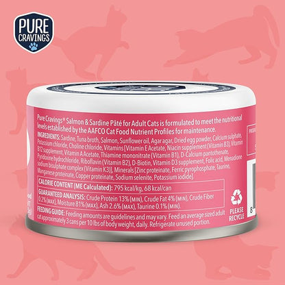 Pure Cravings Salmon and Sardine Pate, Canned Wet Cat Food, 100% Mercury-Tested, Moist Can Fish, Grain-Free Protein, Non-GMO, 12 Pack
