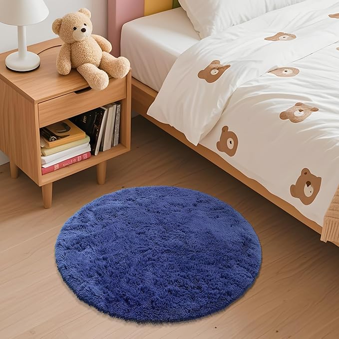 OLANLY Navy Blue Round Rugs for Bedroom - Machine Washable, 2 ft Circle Area Rugs for Living Room, Soft and Fluffy Shaggy Carpet for Teen Girls and Boys, Nursery Rooms, Dorms, Home Decor Aesthetic