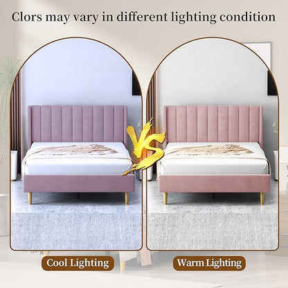 Full Size Upholstered Platform Bed Frame with Modern Wingback & Vertical Panel Headboard, Velvet Fabric, Wooden Legs & Slats Support, No Box Spring Needed, Noise-Free & Easy Assembly, Pink
