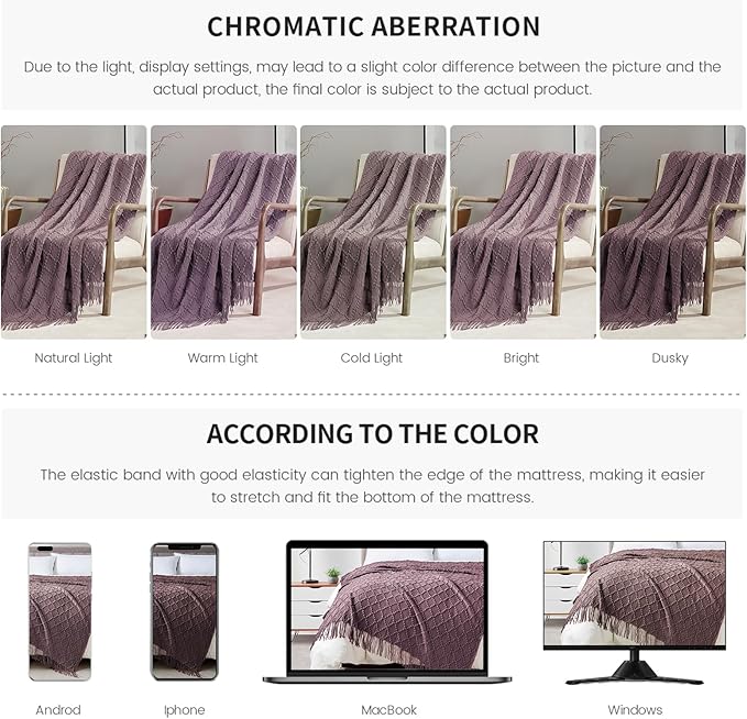 BOURINA Dark Lavender Throw Blanket 50 x70 Inches Jacquard Argyle Throw Textured Solid Soft Throws and Blankets for Sofa or Bed Knitted Decorative Blanket