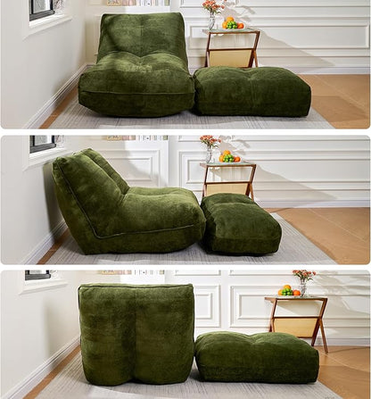 Cvortll Bean Bag Chair with Ottoman, Comfy Bean Bag Sofa with Memory Foam, Lazy BeanBag Sofa with Footstool, Fireside Bean Bag Couch for Living Room, Bedroom, Apartment (Green)