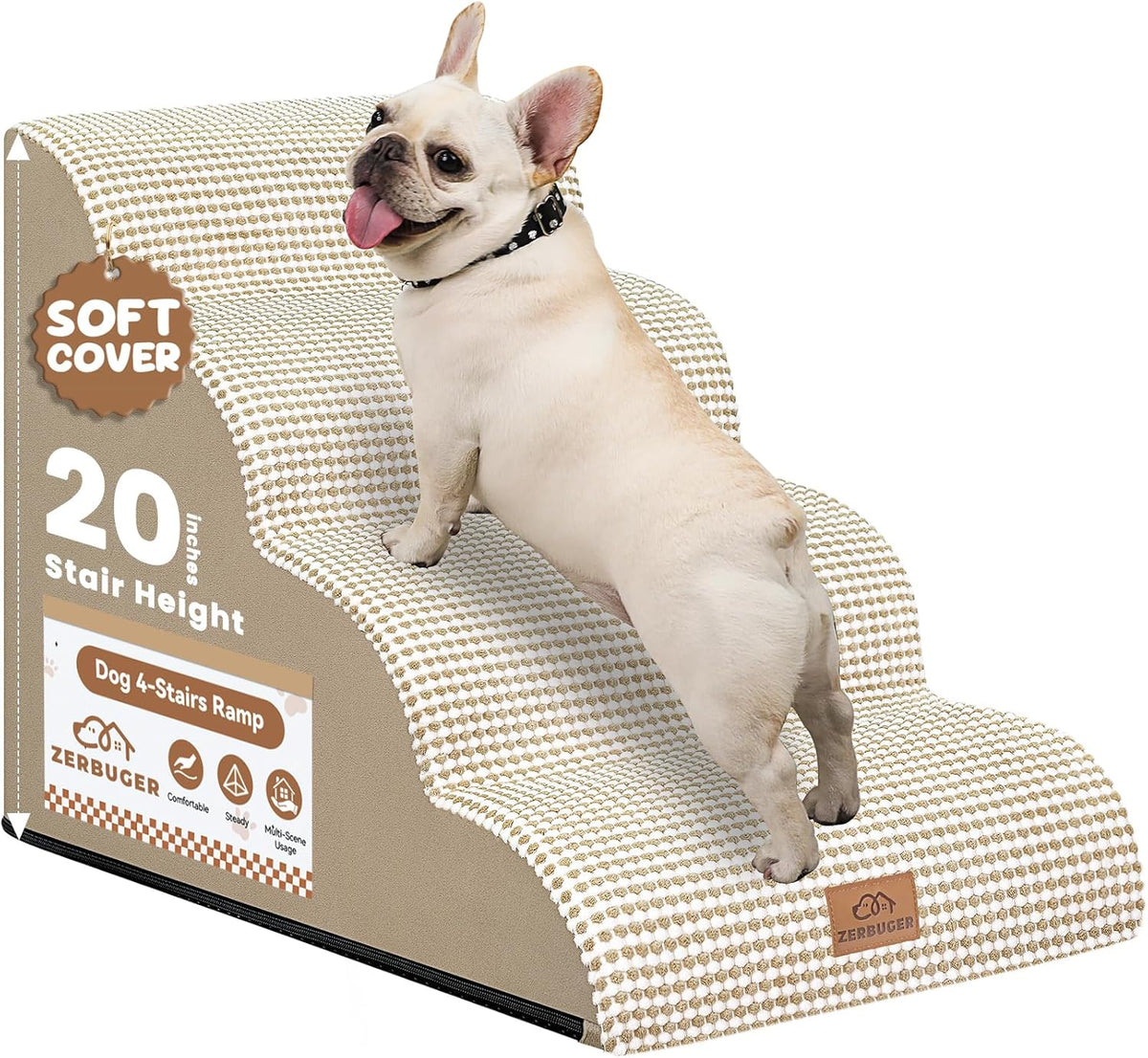 Dog Ramp and Stair for Bed 16" H-20 H,3-Step Cat Stair for Sofa and Chair,4-Step Dog Ramp for High Bed and Window,Durable Nonslip Fabric Cover for Indoor (Beige-20 H, Pet Friendly, 4)