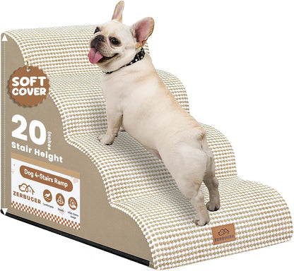 Dog Ramp and Stair for Bed 16" H-20 H,3-Step Cat Stair for Sofa and Chair,4-Step Dog Ramp for High Bed and Window,Durable Nonslip Fabric Cover for Indoor (Beige-20 H, Pet Friendly, 4)