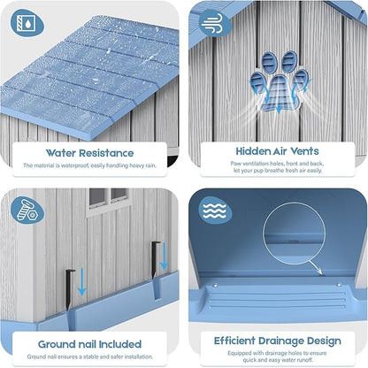 Dog House for Outdoor & Indoor Use with Window, Waterproof Ventilated Kennel with Elevated Floor, Easy to Clean Shelter for Small Medium Large Dogs (Blue, 29.9" L x 32.3" W x 32.5" H)