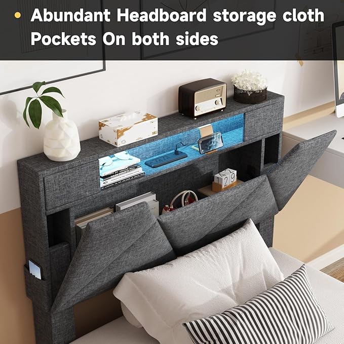Vabches Twin Bed Frame with Storage Headboard and 4 Drawers,Upholstered Platform with Charging Station and Led Lights,Adjustable Headboard,No Box Spring Needed,Dark Grey