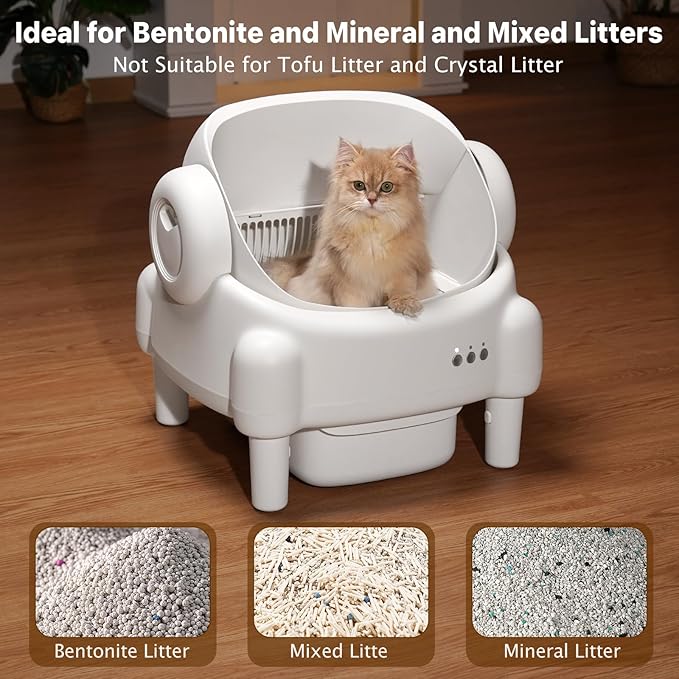 Self Cleaning Litter Box,Open Top Automatic Litter Box with App Control for Multiple Cats, Safety Sensors Protection, Odor Control Includes 2 roll Liners,Large Waste Bin, Cream White