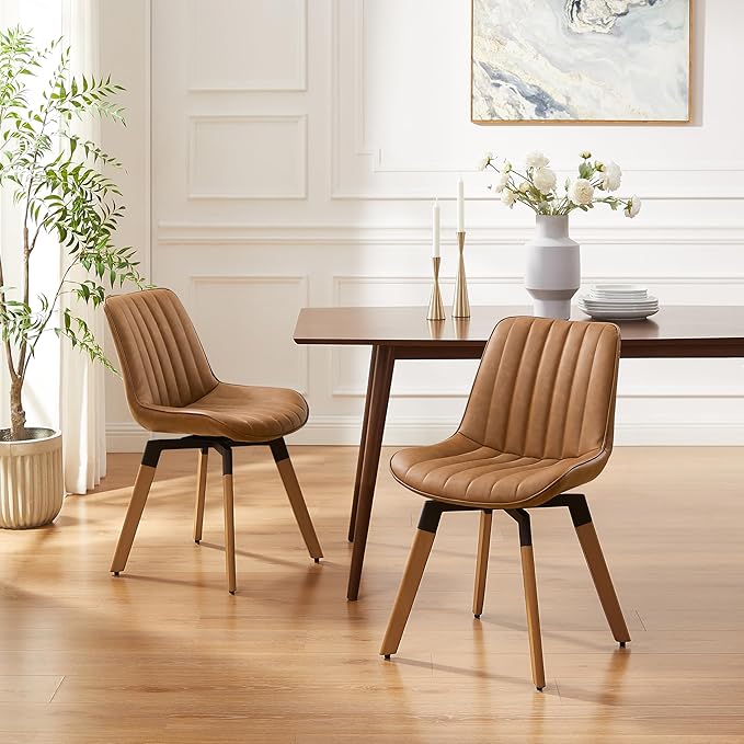 Art Leon Dining Chairs Set of 4, Mid Century Modern Swivel Kitchen Dining Room Chairs, Upholstered Faux Leather Armless Side Chairs with Wood Legs for Living Room Bedroom, Red Brown