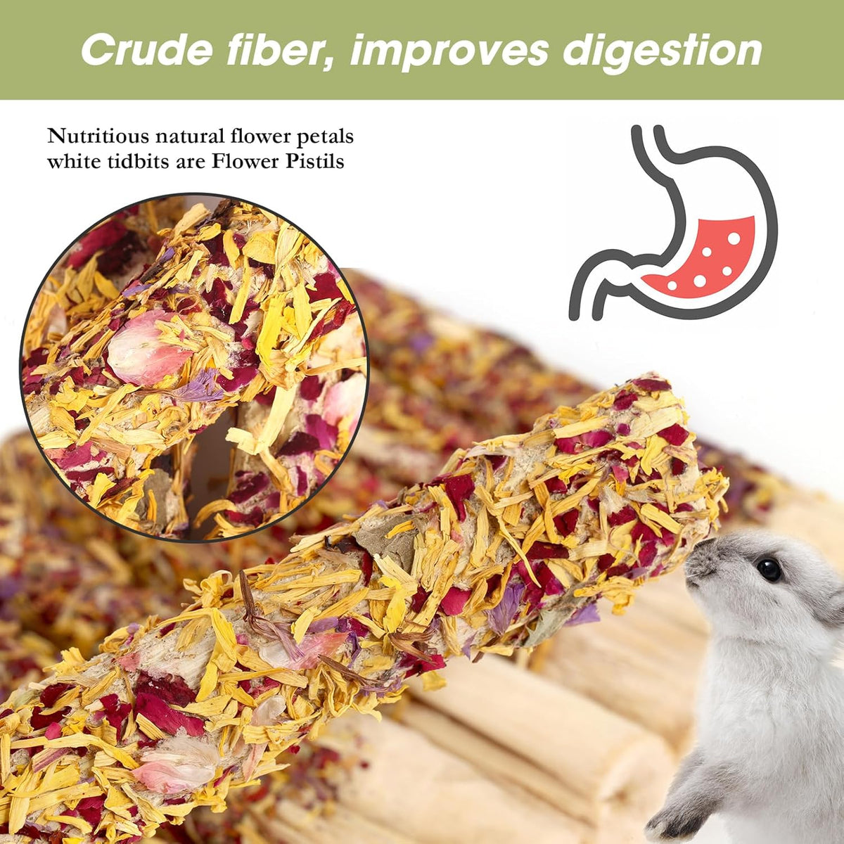 Abizoo Natural Rabbit Chew Toys,10 Sticks Sweet Bamboo Sticks for Rabbits with Petals,Bunny Chew Toys for Guinea Pig,Chinchilla,Hamster Treats Pet Wood Chews Snack Healthy Small Animals Toys for Teeth