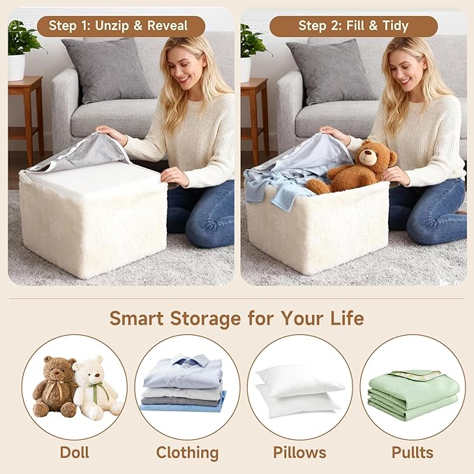 Tiita Square Stuffed Pouf Ottoman, Plush Poufs with Foam Chunk Filling, Foot Rest Stool for Living Room, Cream