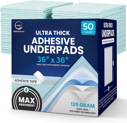 50 Pack Adhesive Disposable Bed Pads for Adults 125 Gram - 3XL 36"x36"Non Slip Chucks Pads Disposable Adult, Incontinence Bed Pads - Disposable Underpads, Waterproof Heavy Duty Pee Pads for Adults