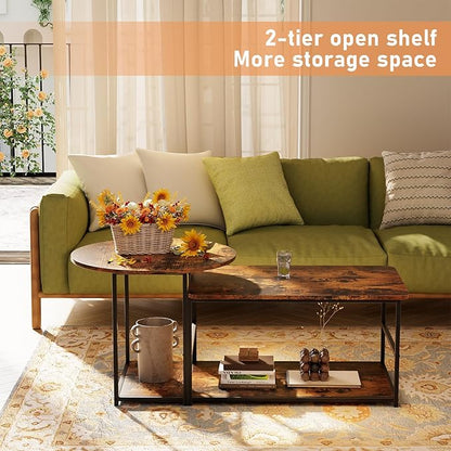 WOHOMO Coffee Table, Mid Century Modern Coffee Table for Living Room Rustic Farmhouse Center Table 2 in 1 Detachable Nesting Table Set, Brown