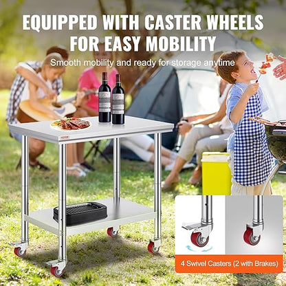 Vevor Mophorn Stainless Steel Work Table 36x24 Inch with 4 Wheels, Casters Heavy Duty Food Prep Worktable for Commercial Kitchen Restaurant, Silver
