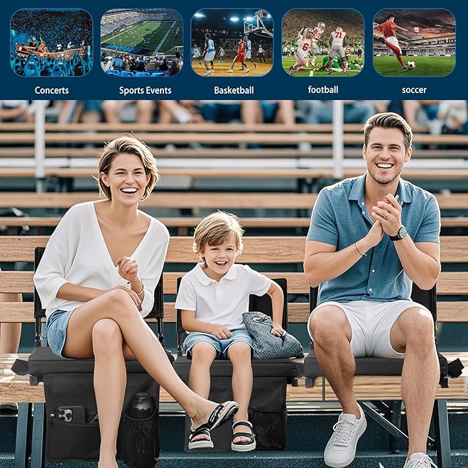 Extra Wide Stadium Seat with Back Support | Adjustable High Back & Thick Padded | Bleacher Chairs with back and Cushion, Includes Cup Holder, Shoulder Strap, Perfect for Concerts, Sports Events-BL