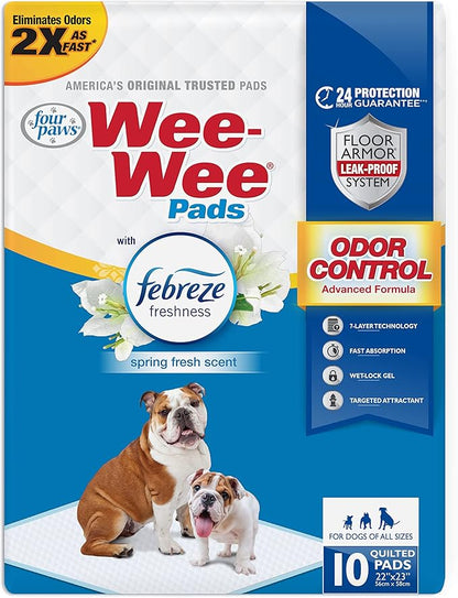 Four Paws Wee-Wee Odor Control Dog Pee Pads with Febreze Freshness | 10 count, spring fresh scent, neutralizes ammonia odors, pee pads for dogs & puppies, dog housebreaking, 22" x 23"