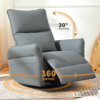 QKFF Glider Chair for Nursery, 360° Swivel Rocker Recliner with Side Pocket, Leather Manual Rocking Chair for Living Room, Bedroom, Small Spaces