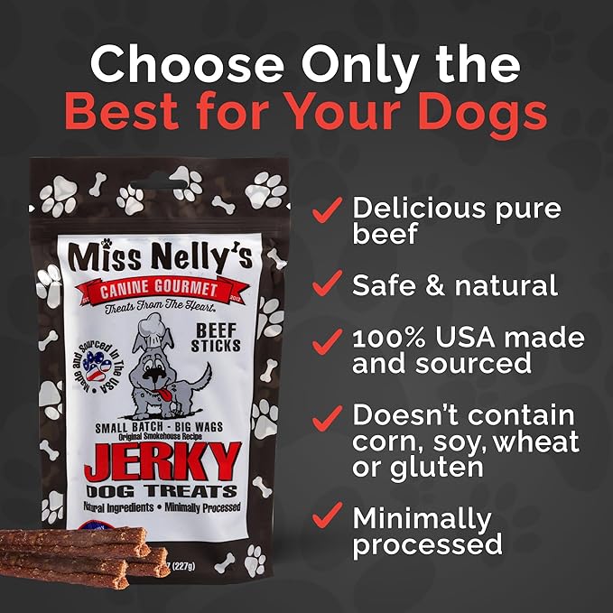 Miss Nelly's -All Natural Beef Jerky Dog Treats - Soft Sticks - USA Made and Sourced - Original Smoke House Recipe - Small Batch Beef Jerky for Dogs - Minimally Processed - 8 oz. Bag