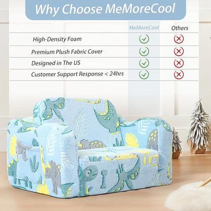 MeMoreCool Toddler Chair – Convertible Glowing Dinosaur Flip-Out Kids Sofa | 1–3 Years | Soft Foam Couch for Playroom, Reading & Relaxing | Fold-Out Lounge Seat with Washable Cover