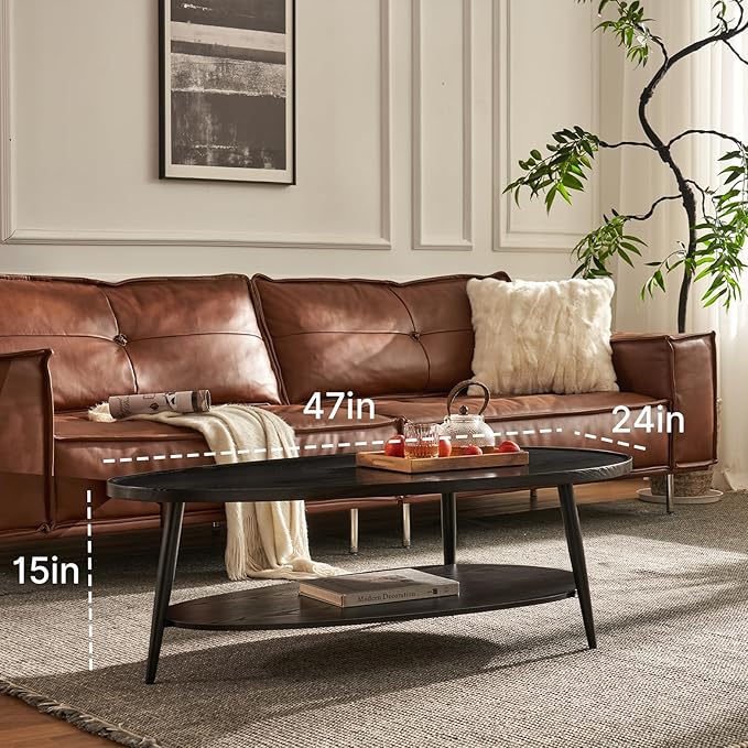 Saint Mossi Modern Black Coffee Table for Living Room, Mid-Century Oval Wood Coffee Table, Double Layer Center Table for Small Space, D47xW23.6xH15