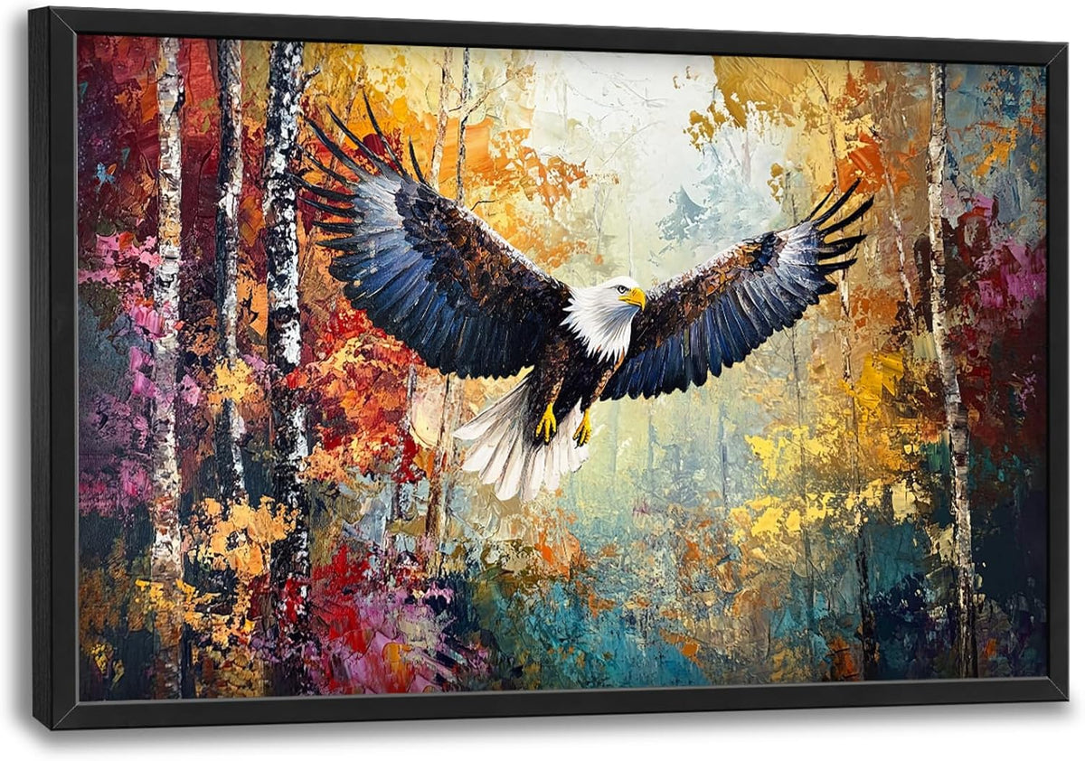 Extra Large Framed Bald Eagle Wall Art,Abstract Colorful Forest Wall Decor,Autumn Fall Forest Pictures for Living Room,Canvas Print Painting Modern Artwork Bedroom Office Home Decor 36L x 24W