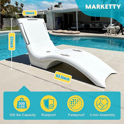 MARKETTY Pool Lounger, Fade-Resistant, Waterproof, Anti-Floating Patio Furniture, Pool Lounge Chair for Sun Shelf, Use in Pools with Shelves Up to 9-Inches Deep or Outside Pool Deck, White