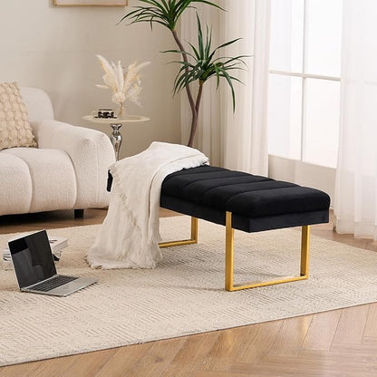 AIITTCC Velvet Ottoman Bedroom Bench, 46.5" Tufted Padded End of Bed Bench with Gold Legs, Upholstered Shoe Bench for Living Room Entryway Window (Black, 46" Wide)