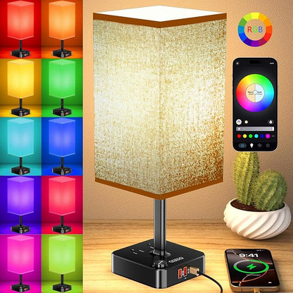 Bluetooth/WiFi RGB & USB Bedside Table Lamp with 3 USB Charging Ports 2 Outlets Power Strip, LED Light Bulb Dimmable, Music Sync Color Changing Light (RGB - Brown Shade)