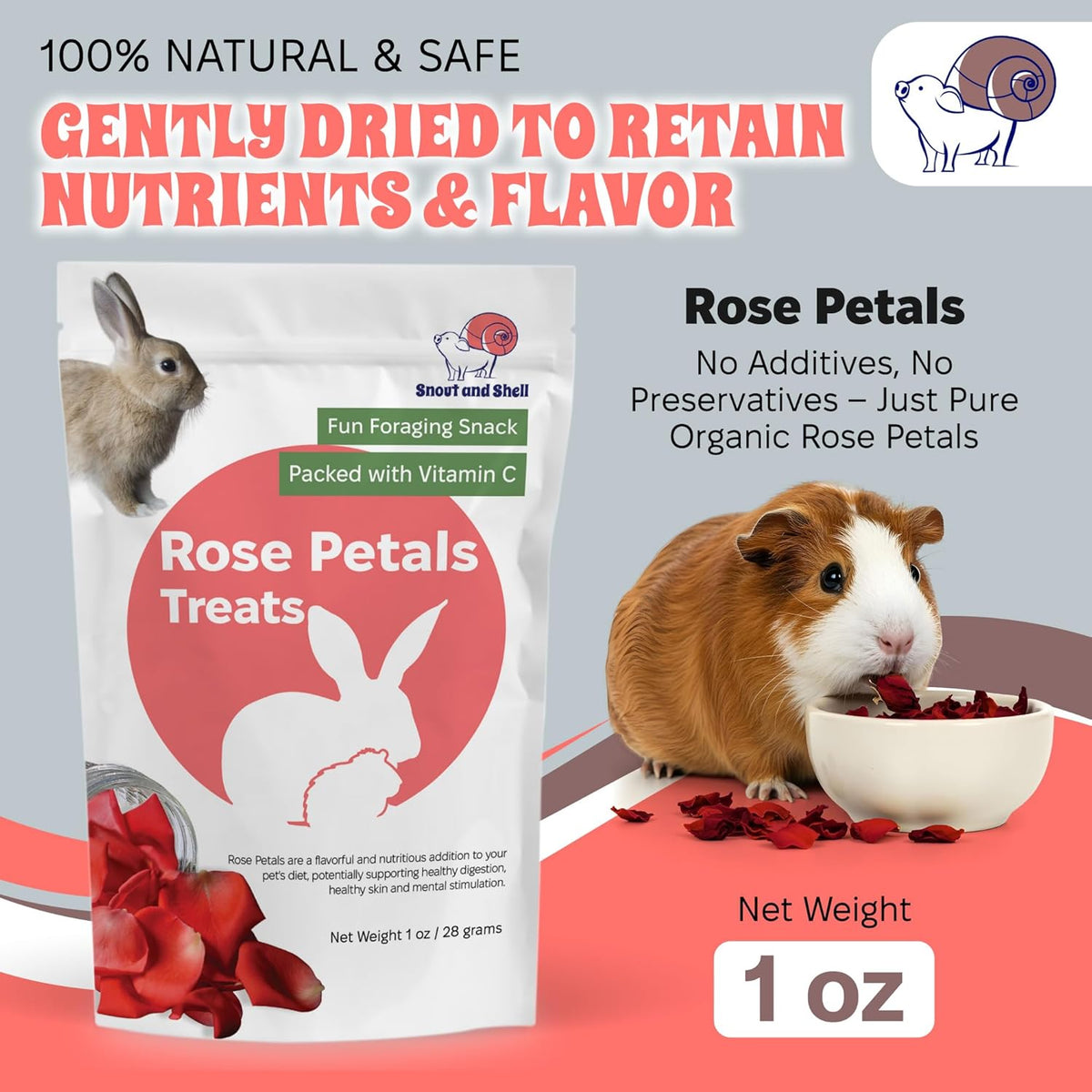 Snout and Shell Rose Petals Treats – Natural Snack for Rabbits, Guinea Pigs & Chinchillas – Vitamin C & Digestive Support, 1 oz