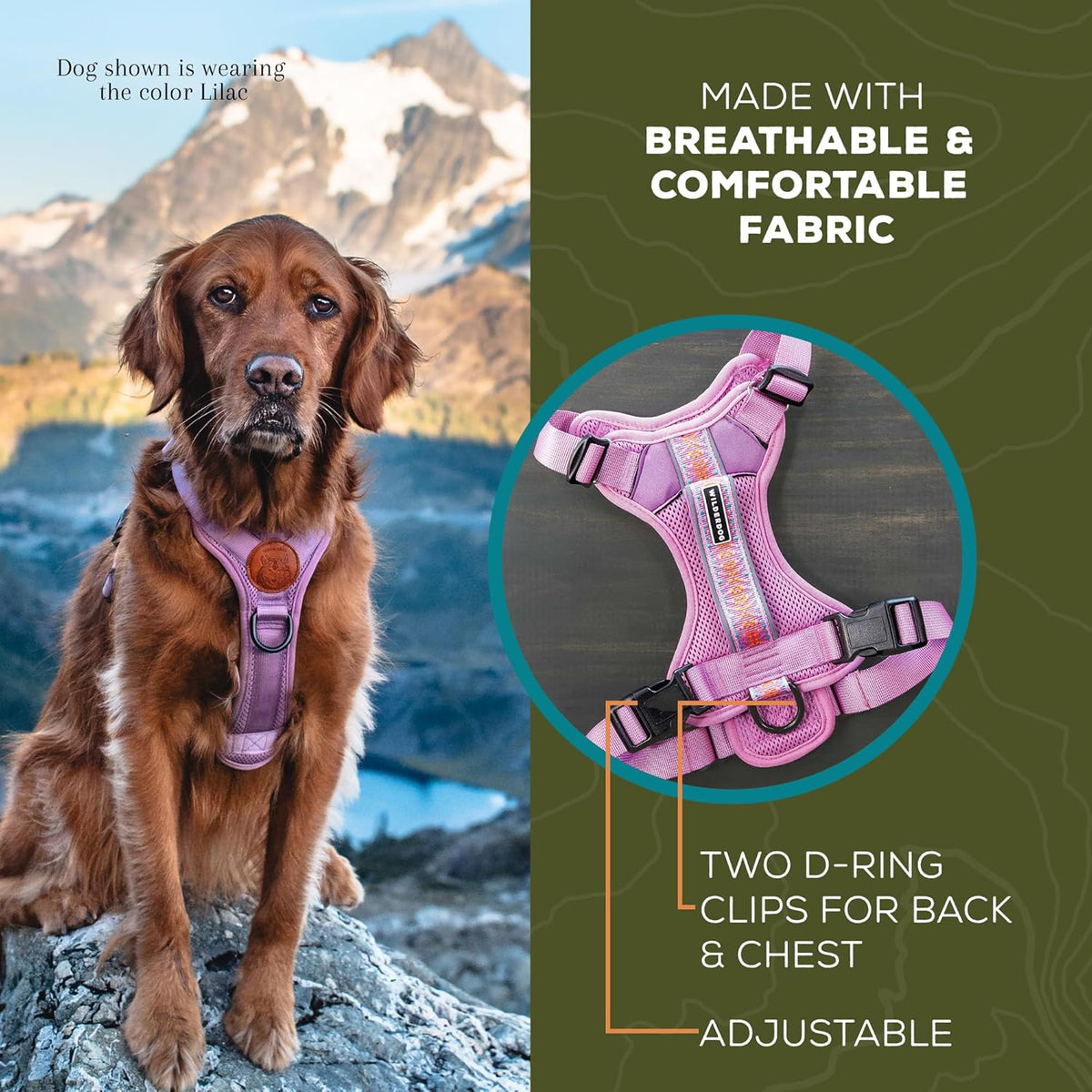 Wilderdog Lightweight Dog Harness with Reflective Straps - Medium - Lilac