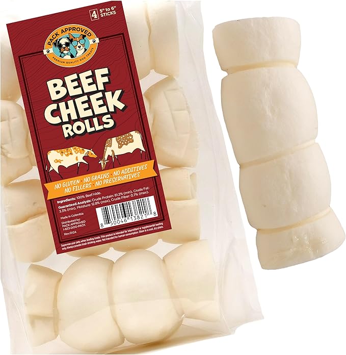 Beef Cheek Rolls for Dogs - Natural & Odor-Free Dog Treats - 5 to 6 Inch Medium Beef Hide Dog Chews - 4 Pack