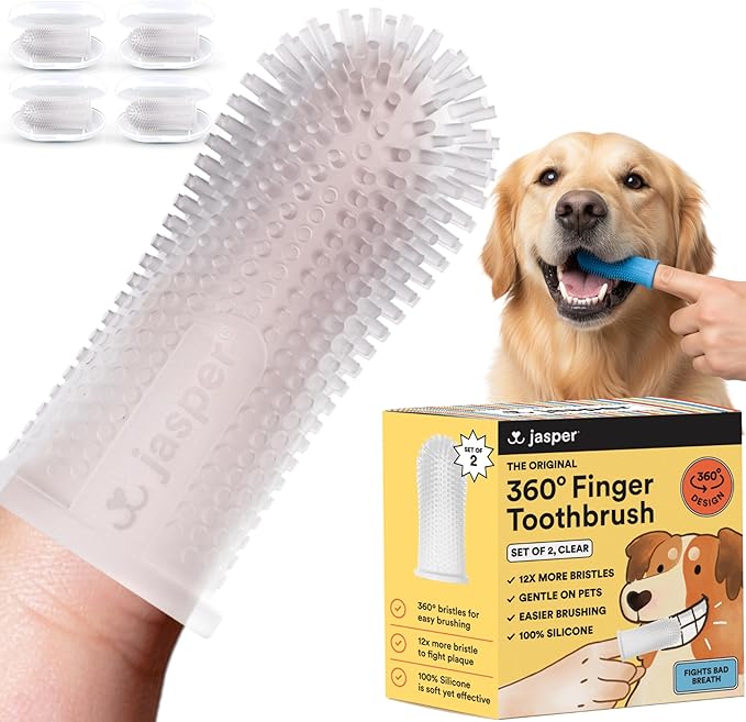 Jasper Dog Toothbrush, 360 Dog Tooth Brushing Kit, Finger Toothbrush, Cat Tooth Brush, Teeth Cleaning, Pet Tooth Brush for Small & Large Pets, Pet Toothpaste Not Included, 4-Pack Clear