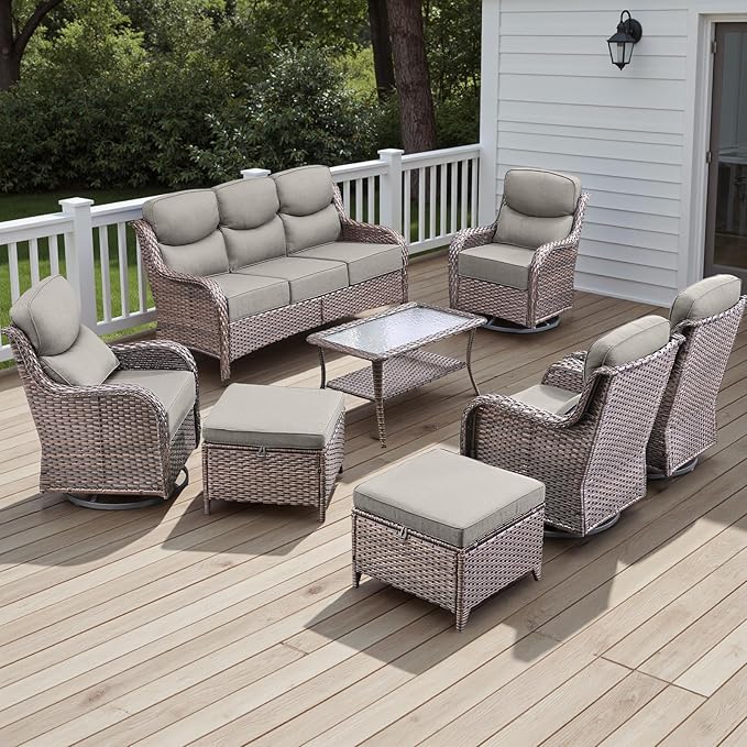 Rilyson Wicker Outdoor Patio Furniture Set - 8 Piece Patio Conversation Sets with Swivel Rocker Chairs, Ottomans, Sofa and Table, 6 inch Cushions, Deep Seating, for Porch Deck Brown/Beige