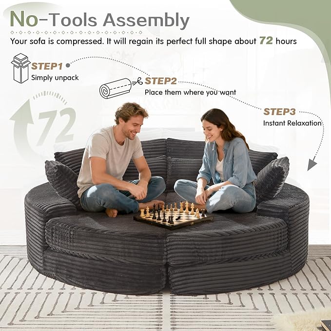 Antetek Chaise Lounge Chair Indoor, Convertible Folding Futon Sofa Bed w/ 5 Pillows, Fluffy Corduroy Boneless Compressed Memory Foam Couch for Living Room, Bedroom (Black, Right Half)