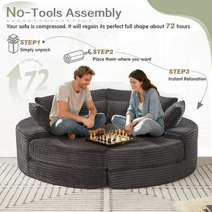 Antetek Chaise Lounge Chair Indoor, Convertible Folding Futon Sofa Bed w/ 5 Pillows, Fluffy Corduroy Boneless Compressed Memory Foam Couch for Living Room, Bedroom (Black, Right Half)