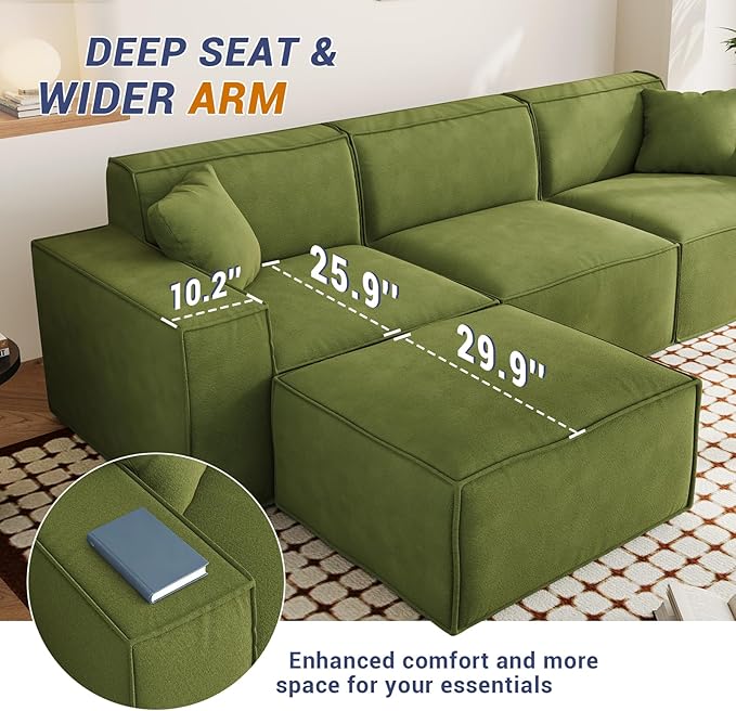 110" Cloud Sectional Couch, Chenille Boneless Couch 3 Seater with Deep Seats & Wide Armrests, Comfy Modular Sectional Sofa Memory Foam Compression Floor Sofa for Living Room, No Assembly Required