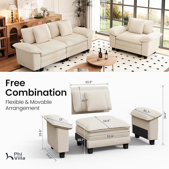 PHI VILLA Cloud Modular Couches Sets, 2 Pieces Sectional Sofa Set with Loveseat, 3-Seater Comfy Couch for Living Room Apartment, Corduroy Fabric, Beige