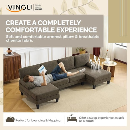 VINGLI 110' U-Shaped Sectional Couch with Two Chaise, Affordable Small Sofa with 4 Seats, Chenille Fabric Comfy Couches for Living Room, Dark Brown