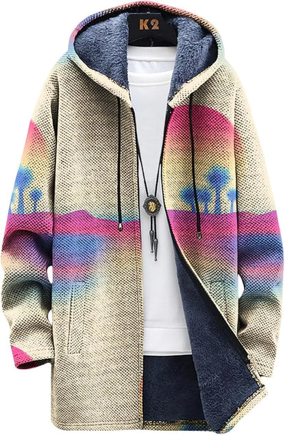 LIZALIG Long Hooded Cardigan Men Japanese Art Style Fashion Cool Graphic Coats Winter Warm Lined Fleece Jacket