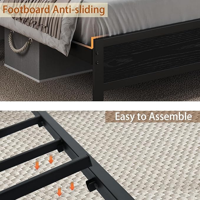 Twin Bed Frame with LED Lights and Charging Station, Metal Platform Bed Frame Twin with Upholstered Storage Headboard, Heavy Duty Metal Slats, No Box Spring Needed, Easy Assembly, Dark Grey