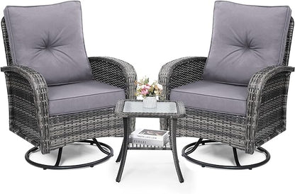 wildformers Luxury Outdoor Swivel Wicker Glider Patio Chairs with Table Set, Overstuffed Washable Cushions, Ideal for Porch, Balcony, Deck, Grey Rattan and Grey Cushion