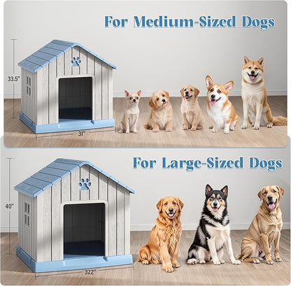 Dog House for Outdoor & Indoor Use with Window, Waterproof Ventilated Kennel with Elevated Floor, Easy to Clean Shelter for Small Medium Large Dogs (Blue, 29.9" L x 32.3" W x 32.5" H)