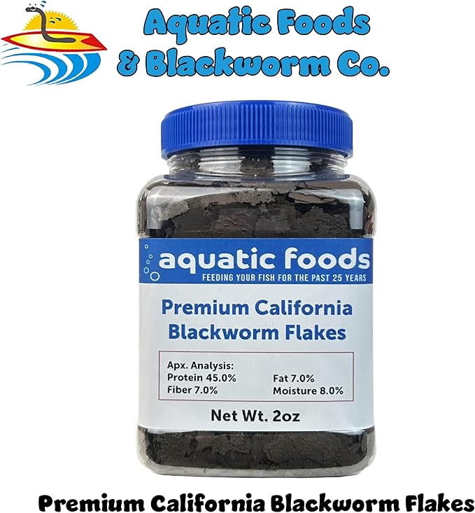 Aquatic Foods Inc. California Blackworm 45% Protein Premium Flakes for Discus, Cichlids, All Tropical Fish Also Pellet Mix, Wafer Mix Included…2oz