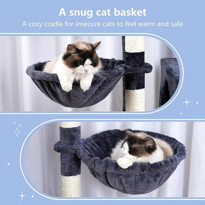 Hey-brother Cat Tree Tower, Scratching Posts with a Extended Part, Wide Platforms, Cozy Condos, Hammocks, Sisal Columns and Ball for Indoor Cats, 70.1 Inches, Smoky Gray MPJ038G